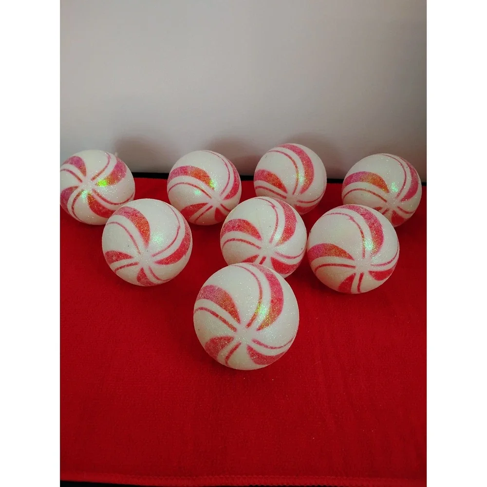 8pc Peppermint Swirl Christmas Ornaments Red White Glitter Candy Cane Baubles